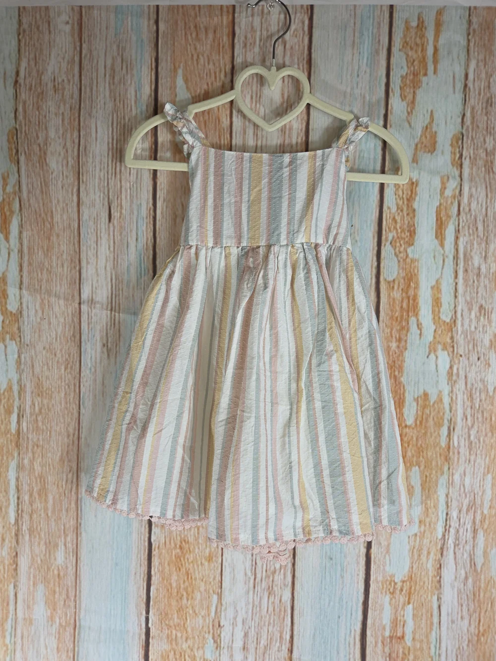Shabby Chic Pastel Stripe Sundress in Pink, Blue & Yellow. 100% Cotton. Size 24m